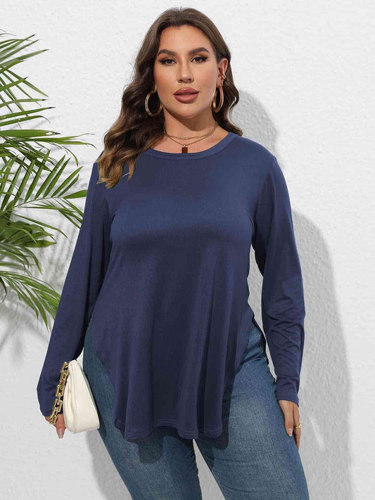 Plus Size Round Neck Long Sleeve Slit T-Shirt - Clothes For Her Online Store