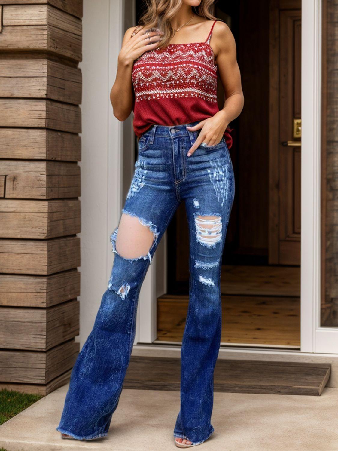 Raw Hem Distressed Bootcut Jeans - Clothes For Her Online Store