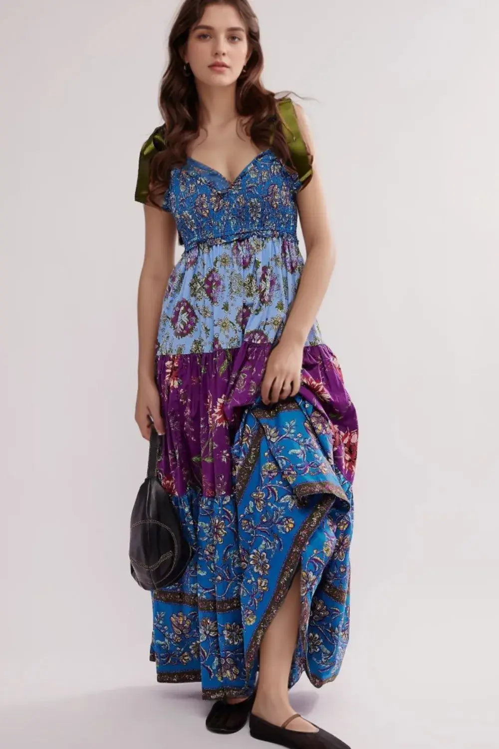 Floral Tiered Maxi Dress with Mixed Print Design