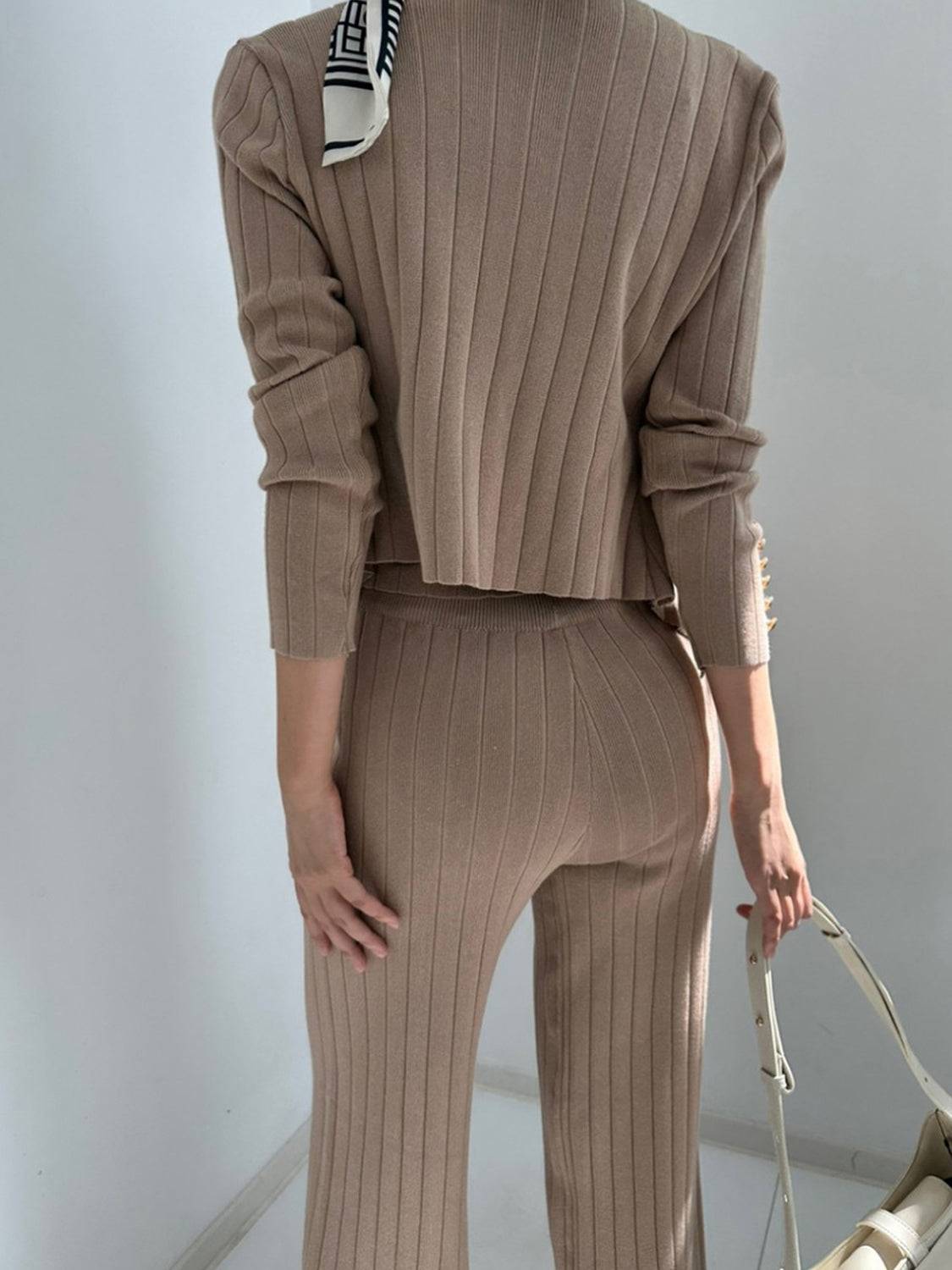 V-Neck Tank, Cardigan and Pants Three-Piece Sweater Set - Clothes For Her Online Store