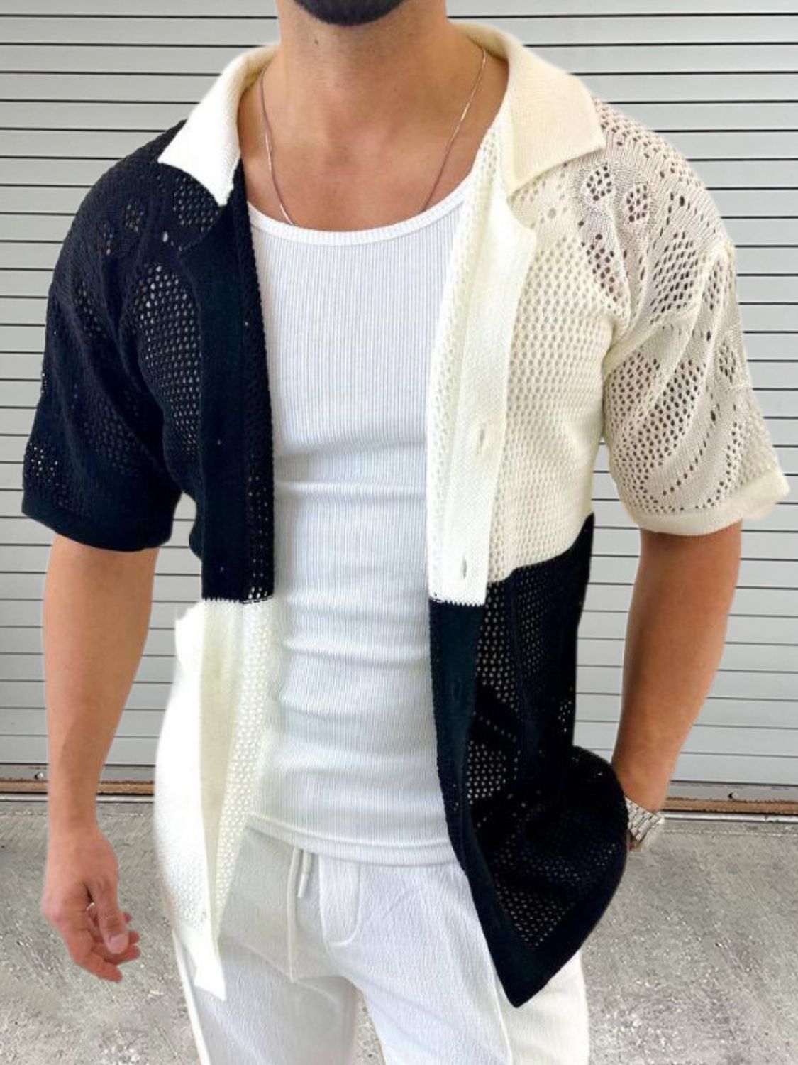 Men's Contrast Button Down Hollow Out Shirt - Clothes For Her Online Store
