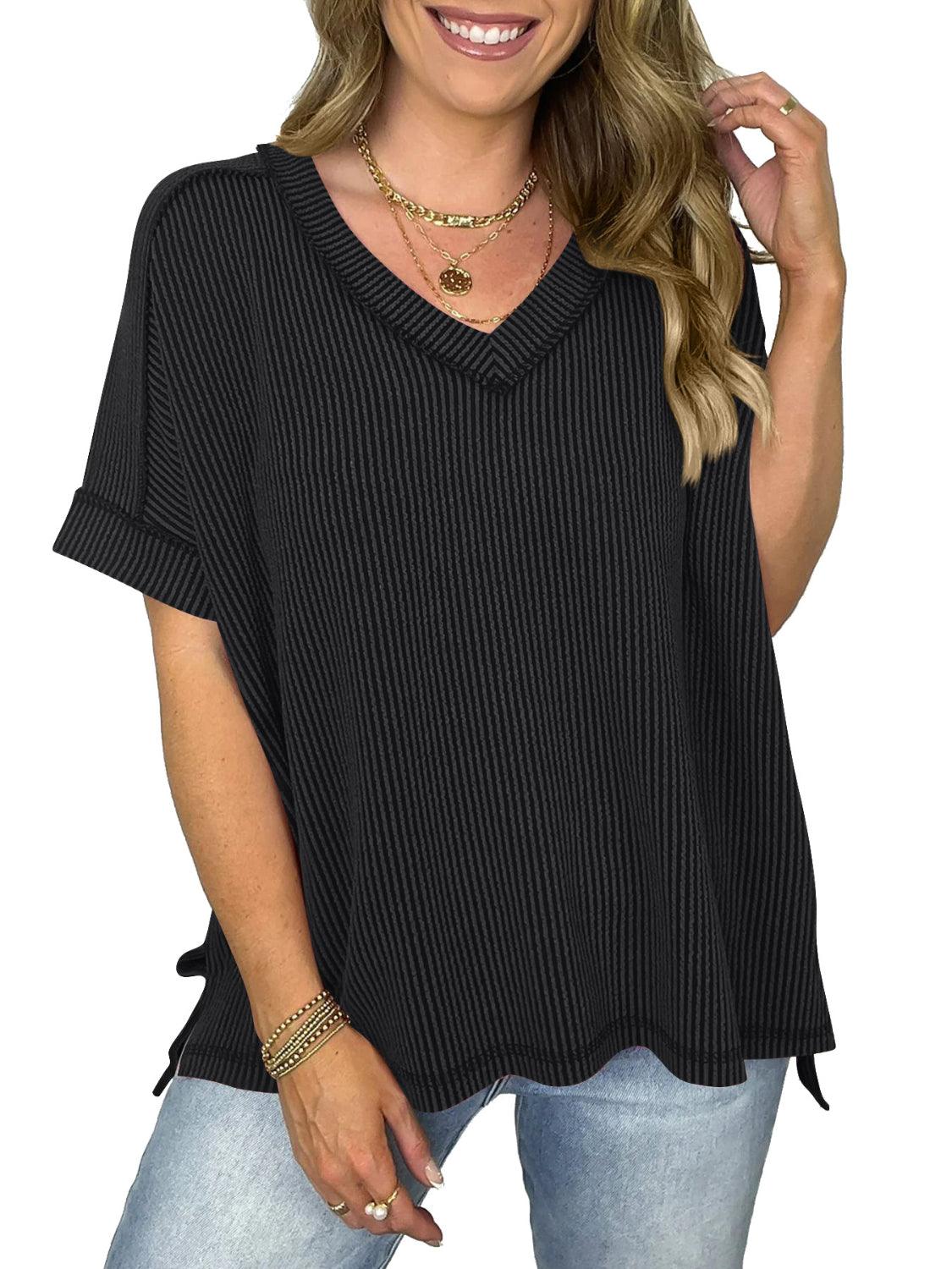 Cord Ribbed V-Neck Short Sleeve T-Shirt