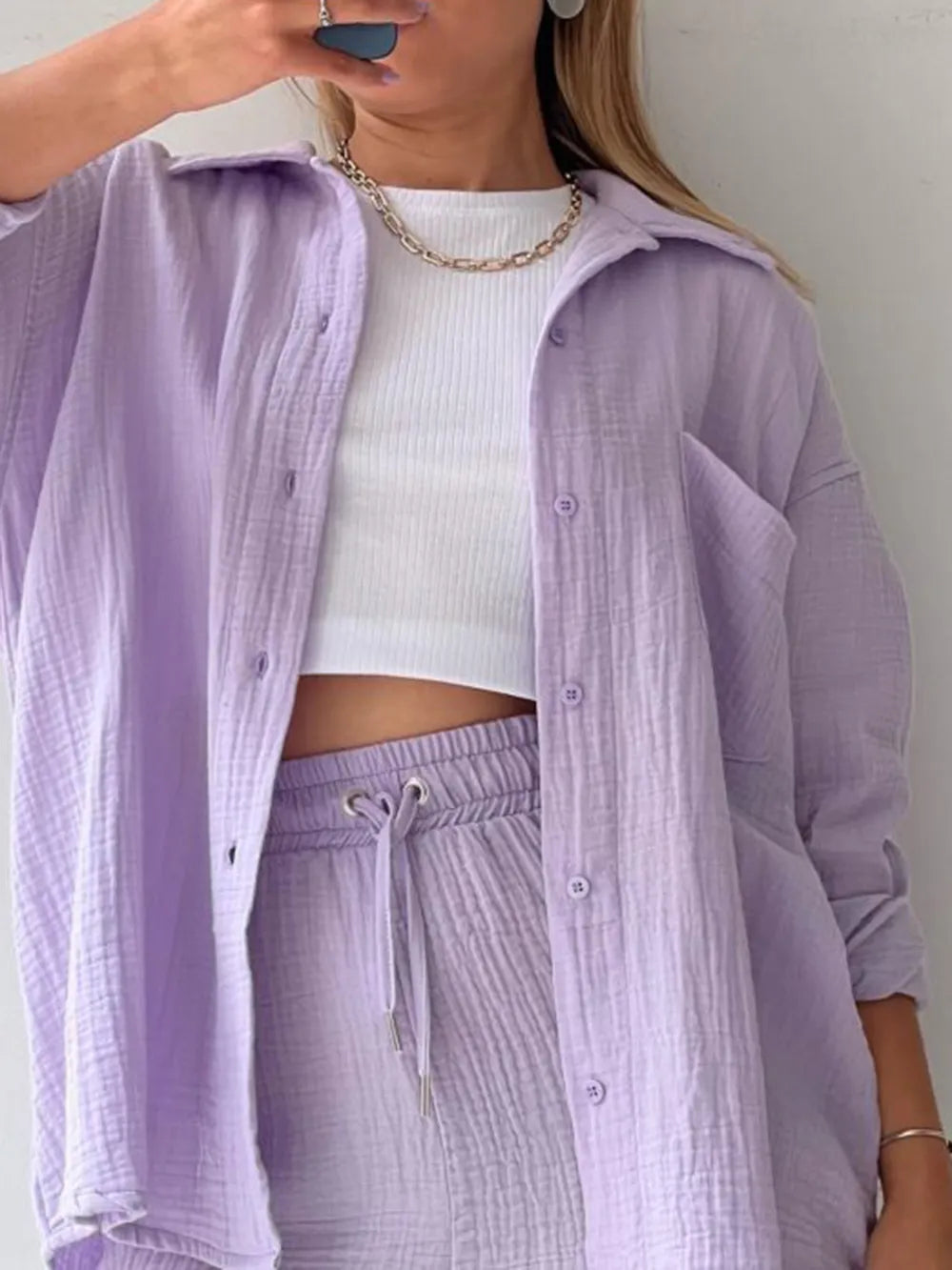 Texture Button Up Shirt and Drawstring Shorts Set - Clothes For Her Online Store