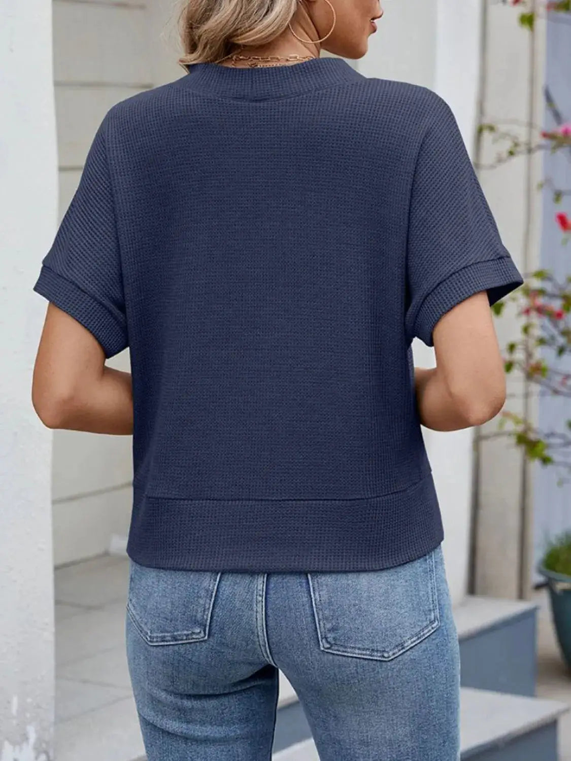 Waffle Knit Button Down Short Sleeve Top - Clothes For Her Online Store