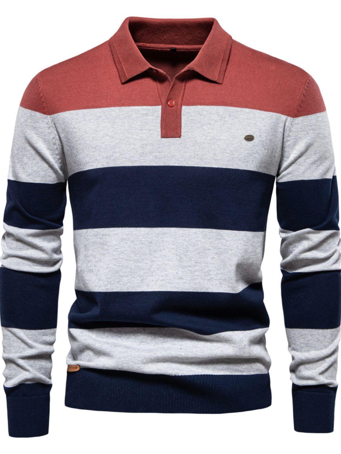 Men's Striped Long Sleeve Knit Polo - Clothes For Her Online Store