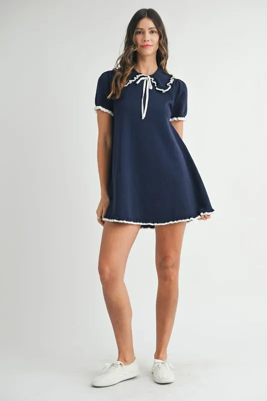 MABLE Ruffle Trimmed Collar Fine Knit Mini Dress