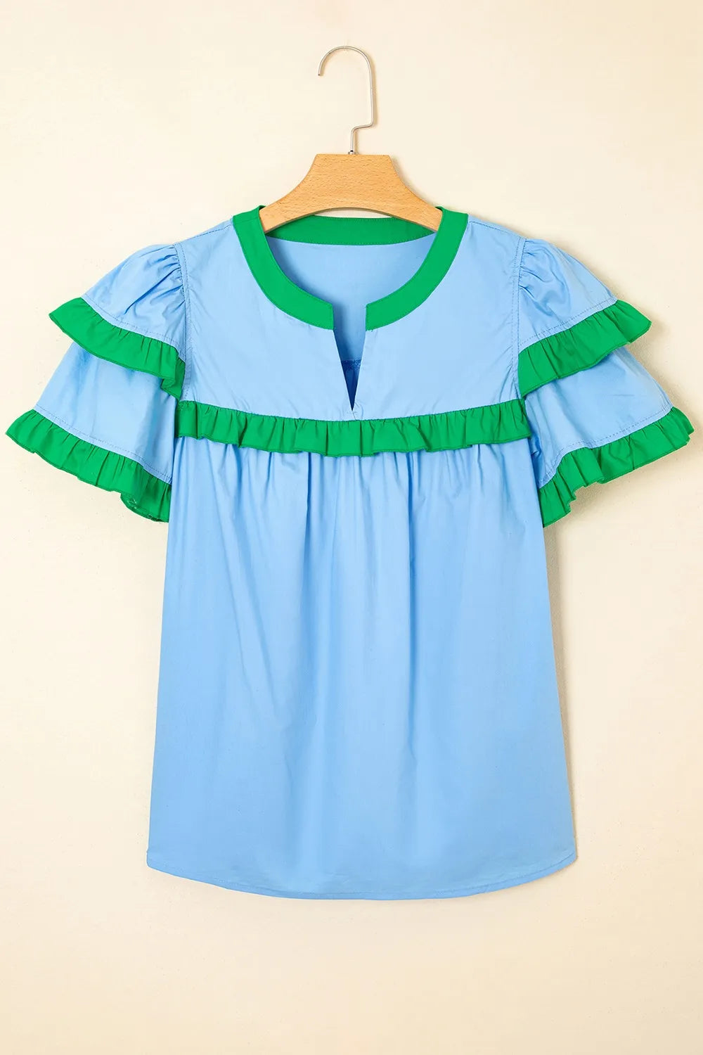 Contrast Notched Neck Frilly Detail Short Sleeve Blouse