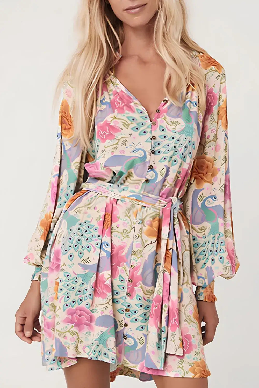 Printed Notched Lantern Sleeve Dress