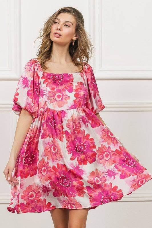 BiBi Floral Square Neck Puff Sleeve Mini Dress