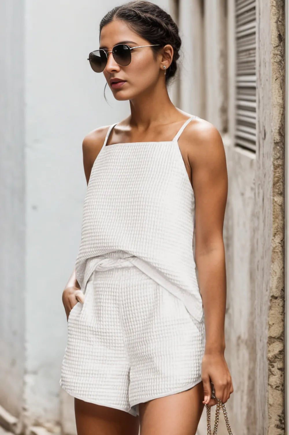Waffle-Knit Cami and Pocketed Shorts Set - Clothes For Her Online Store