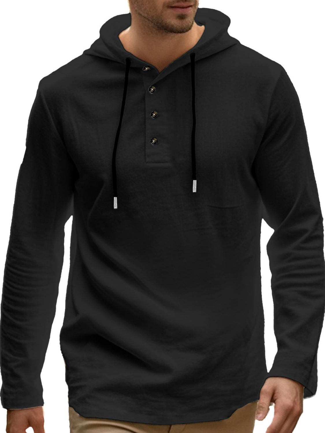 Men's Full Size Drawstring Button Detail Long Sleeve Hoodie Plus Size - Clothes For Her Online Store