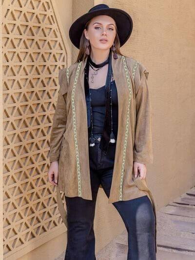 Plus Size Long Sleeve Tie Waist Cardigan - Clothes For Her Online Store