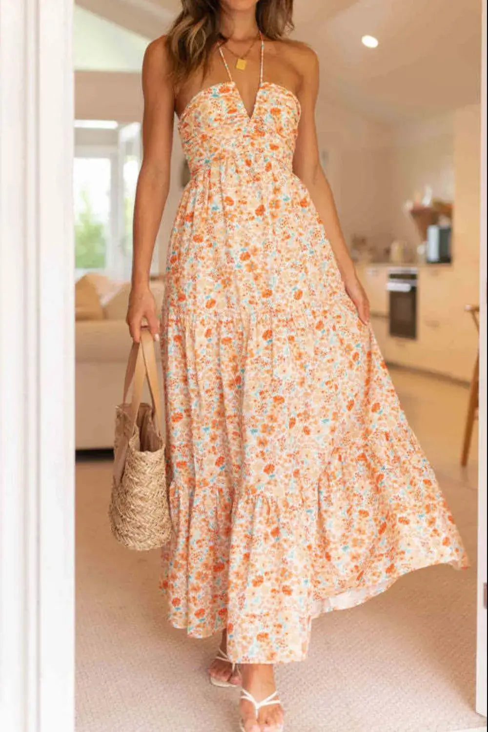 Floral Halter Neck Tiered Maxi Dress