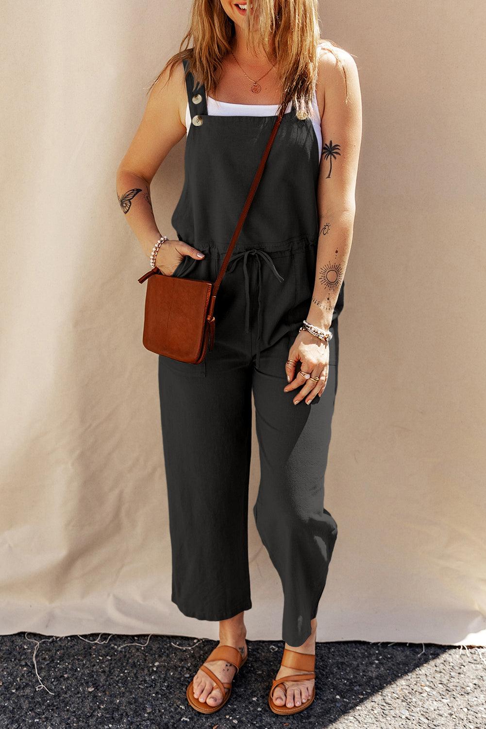 Drawstring Wide Strap Overalls with Pockets - Clothes For Her Online Store