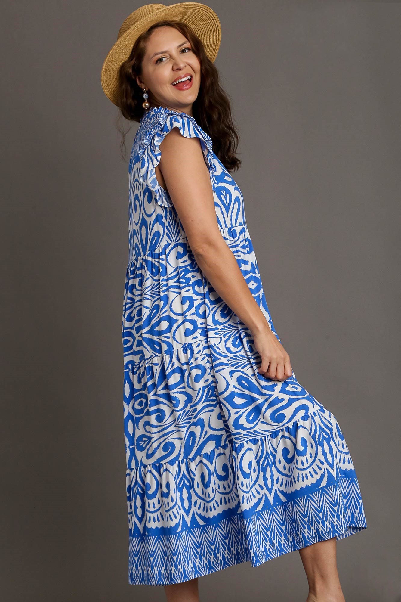 Umgee Full Size Two Tone Border Print Ruffle Cap Sleeve Midi Dress Plus Size - Clothes For Her Online Store