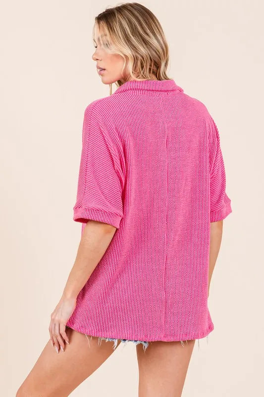 BOMBOM Ribbed Collared Neck Top