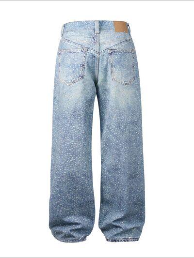 Men's Washed Rhinestone Print Jeans