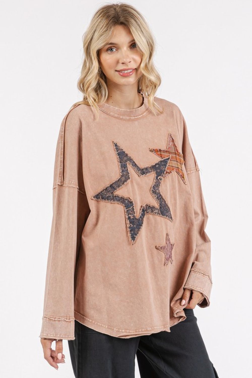 Mittoshop Mineral Wash Star Patch Long Sleeve T-Shirt - Clothes For Her Online Store