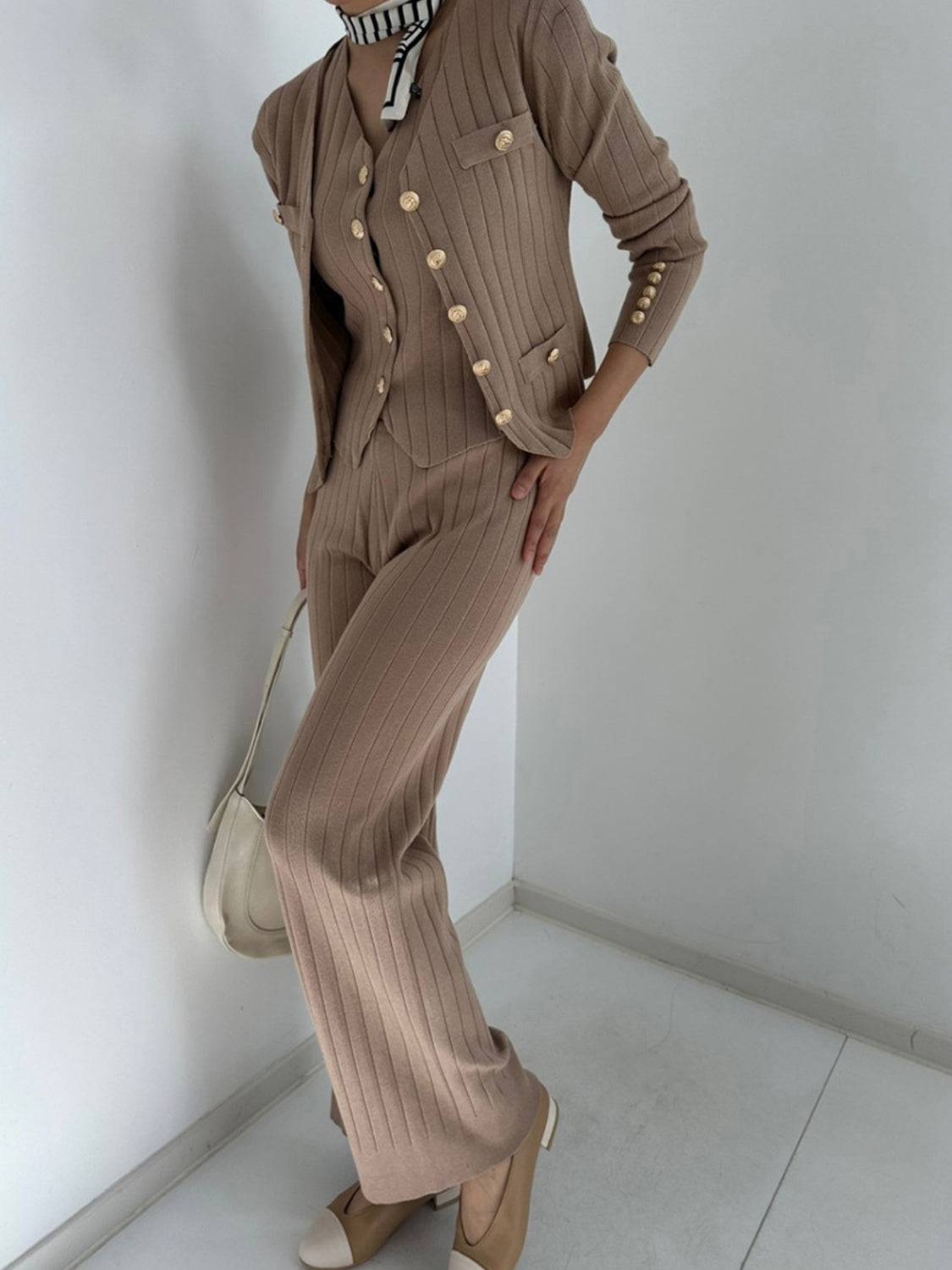 V-Neck Tank, Cardigan and Pants Three-Piece Sweater Set - Clothes For Her Online Store