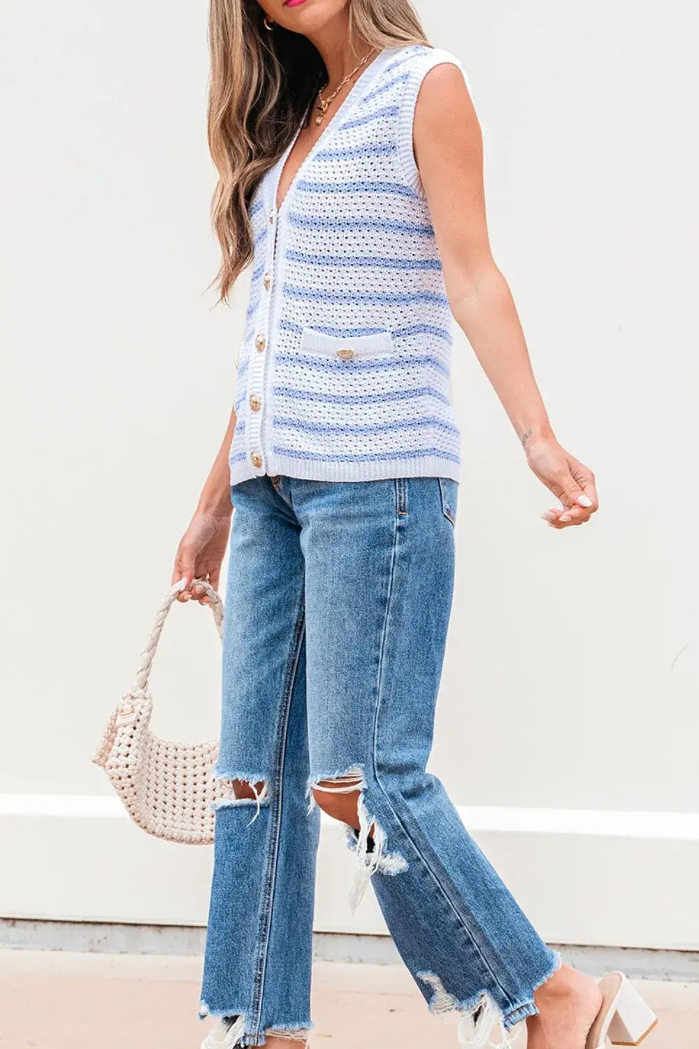 Stripe V Neck Gold Buttons Elegant Sweater Vest