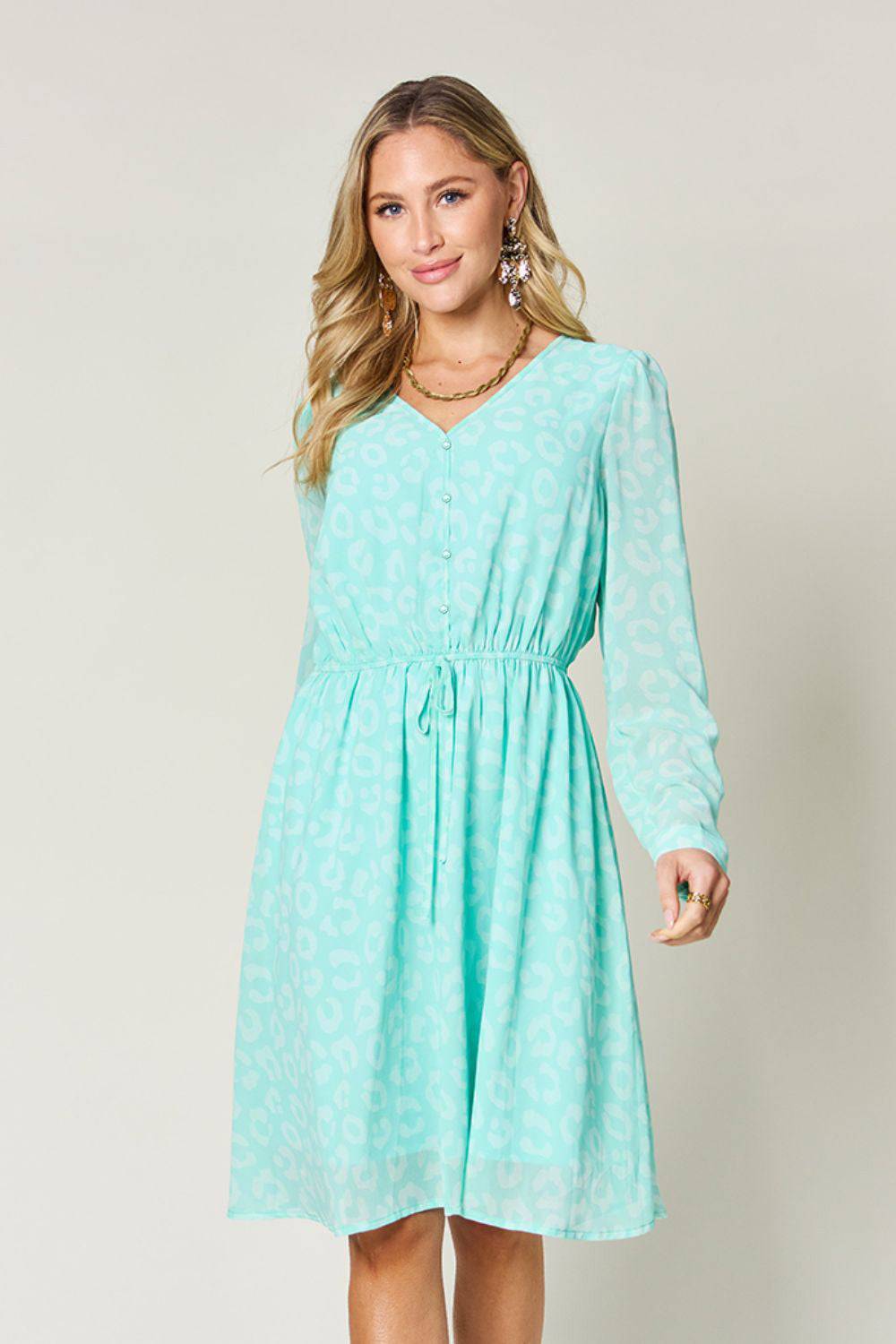 Double Take Full Size Printed Ruched V-Neck Long Sleeve Dress - Clothes For Her Online Store