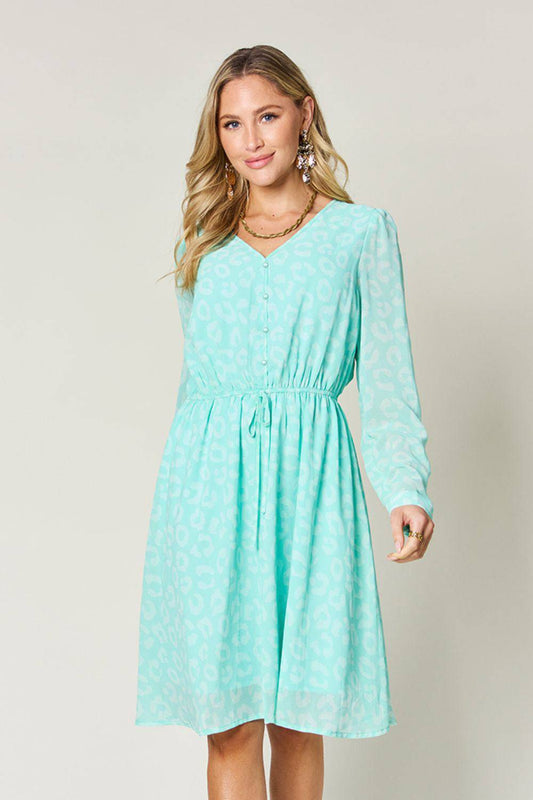 Double Take Full Size Printed Ruched V-Neck Long Sleeve Dress - Clothes For Her Online Store