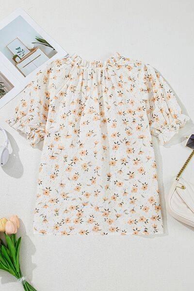 Frill Printed Notched Short Sleeve Blouse