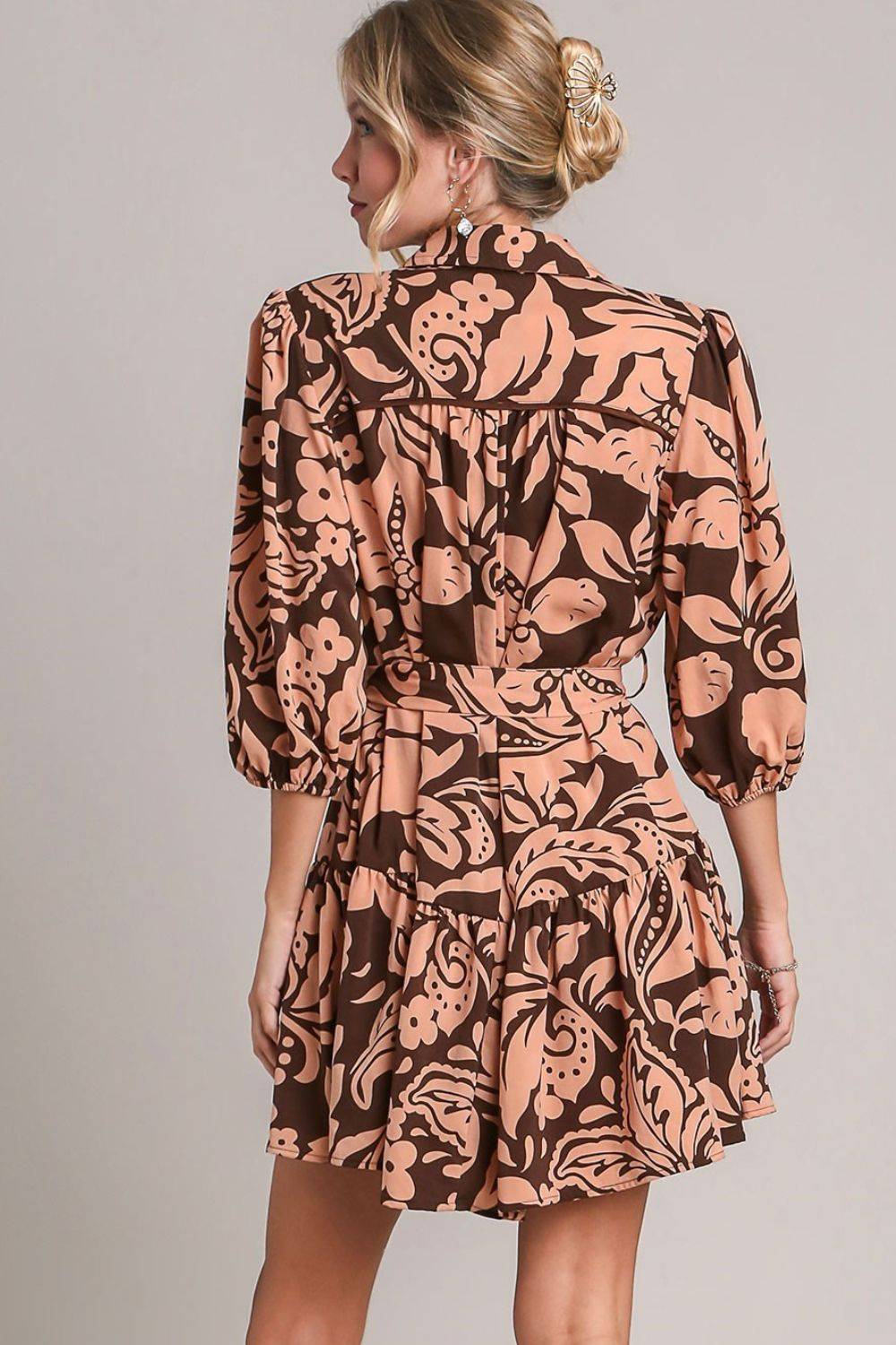Umgee Full Size Two Tone Floral Print Puff Sleeve Tie Waist Dress Plus Size - Clothes For Her Online Store