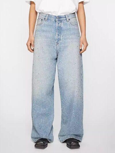 Men's Washed Rhinestone Print Jeans - Clothes For Her Online Store