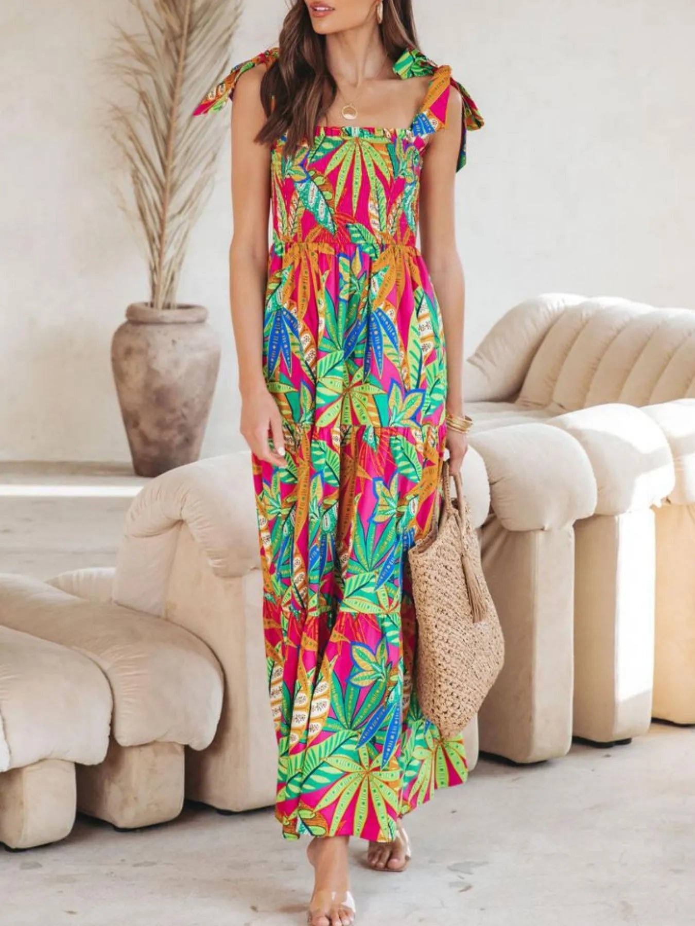 Tropical Print Tie Shoulder Maxi Dress