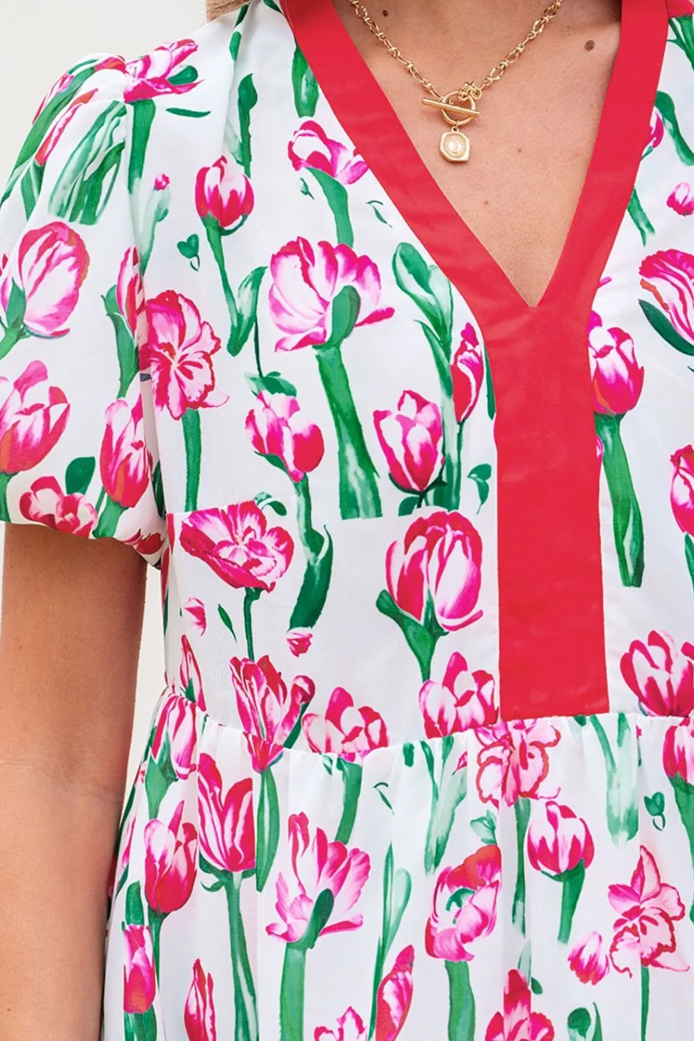 Floral Print Contrast Trim V Neck Bubble Short Sleeve Babydoll Dress