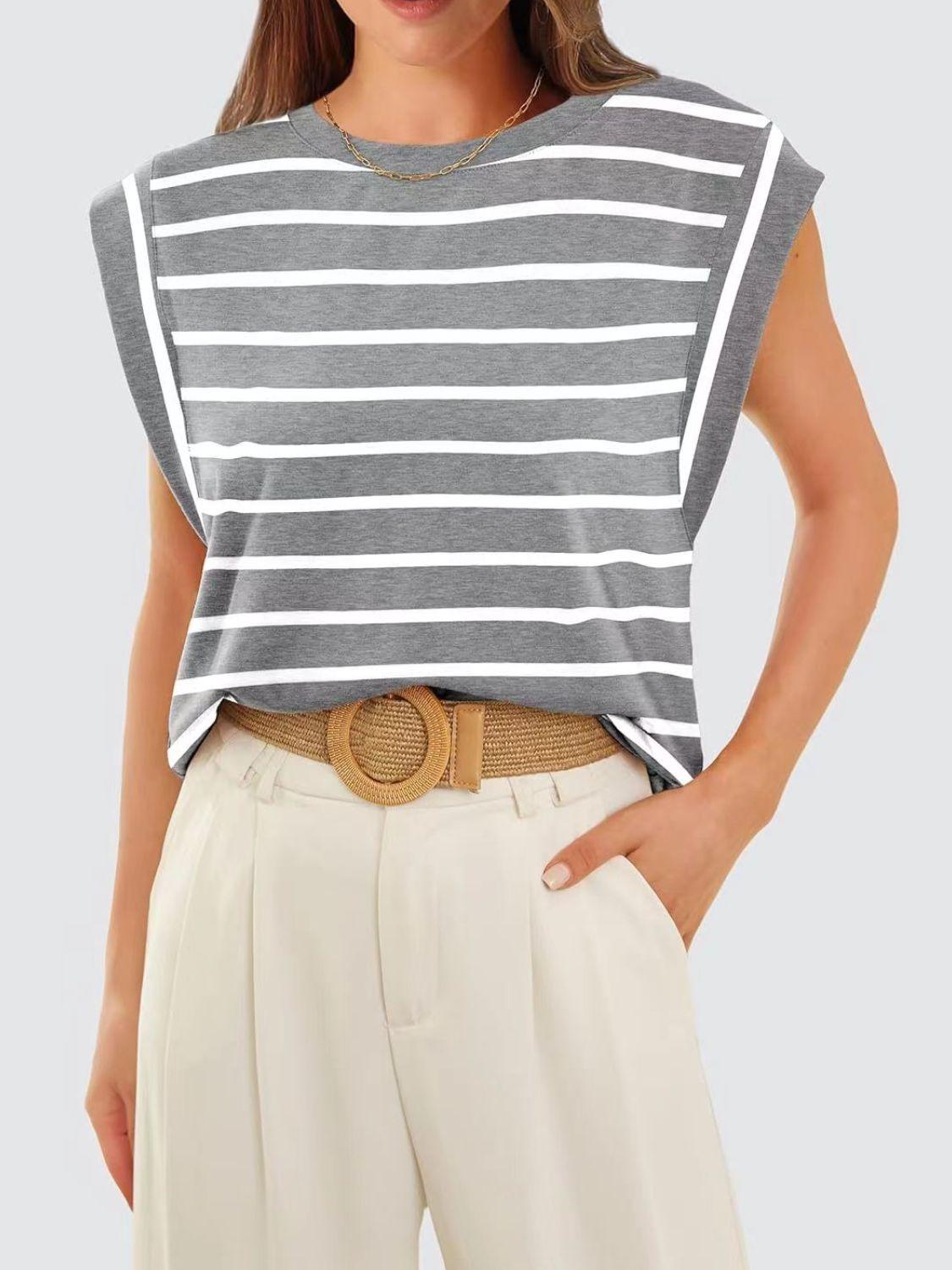 Florira Striped Round Neck Cap Sleeve T-Shirt