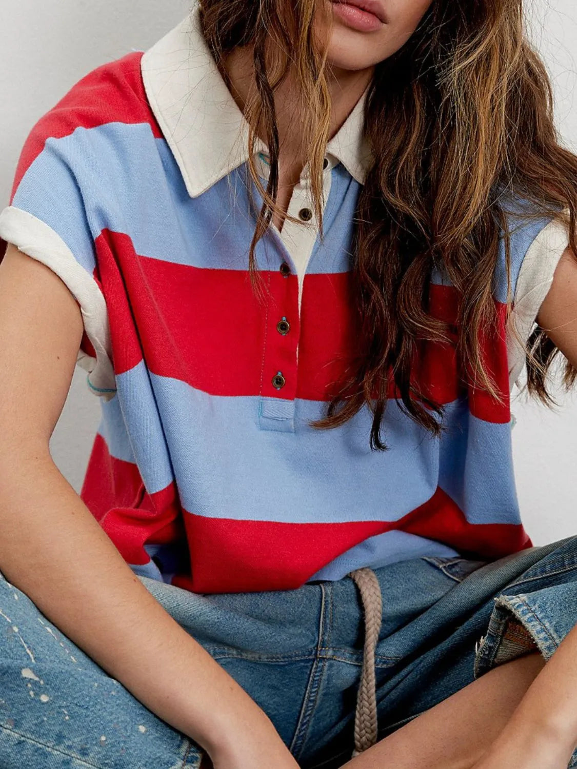 Striped Collared Neck Short Sleeve Top