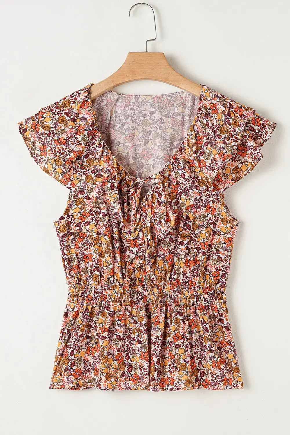 Floral Print Knot V Neck Ruffled Sleeve Blouse - Clothes For Her Online Store