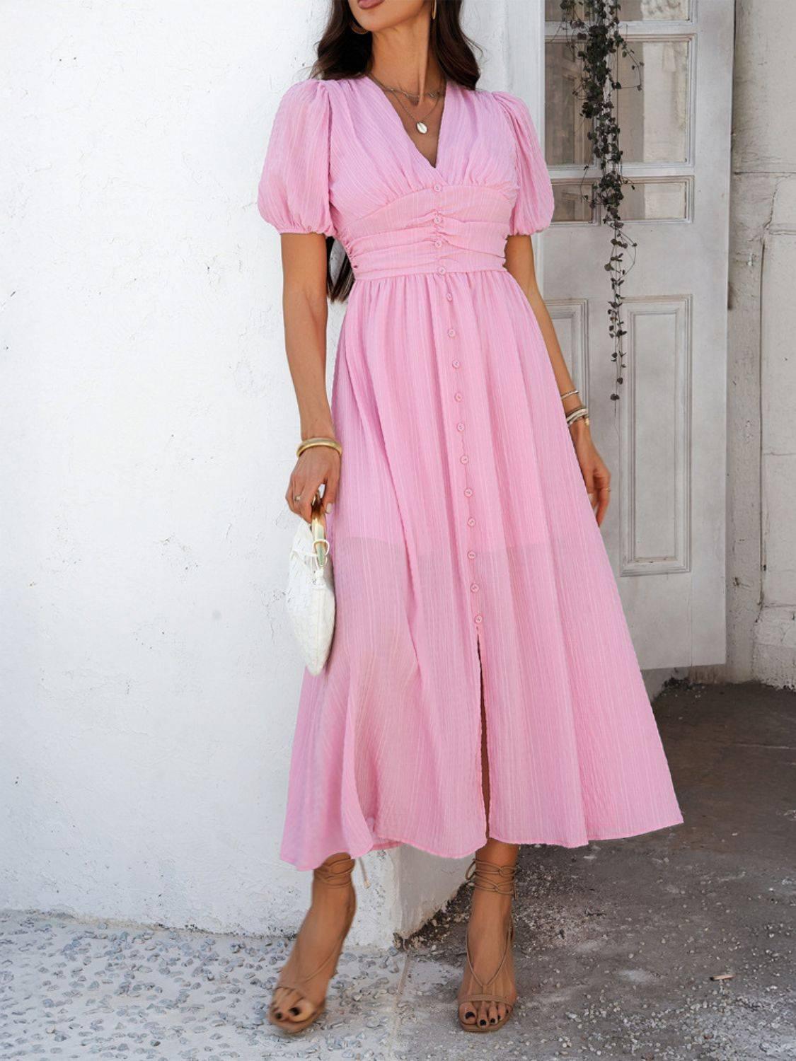 Devine V-Neck Puff Short Sleeve Midi Dress