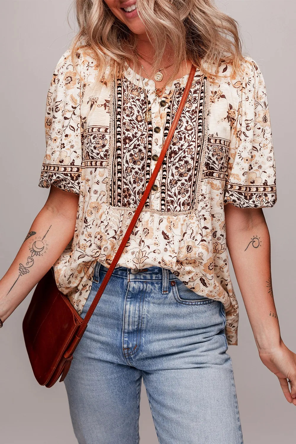 Boho Floral Print Half Placket Short Sleeve Loose Blouse