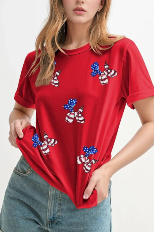 Sequin Stars and Stripes Balloon Puppy Graphic Crewneck Tee