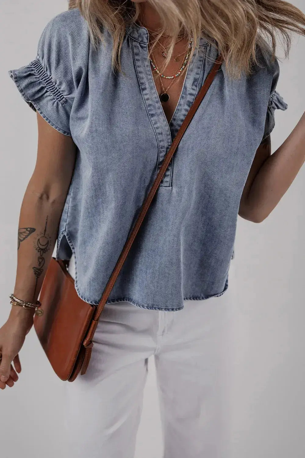 V Neck Ruffled Short Puff Sleeve Denim Top - Clothes For Her Online Store