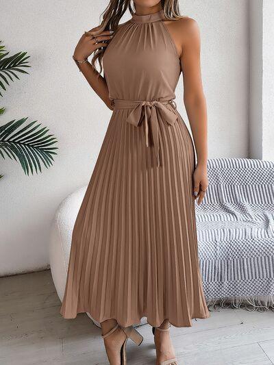 Grecian Neck Tie Waist Pleated Dress