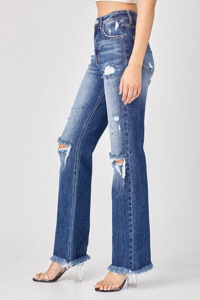 Risen Full Size Raw Hem Distressed Straight Jeans - Clothes For Her Online Store