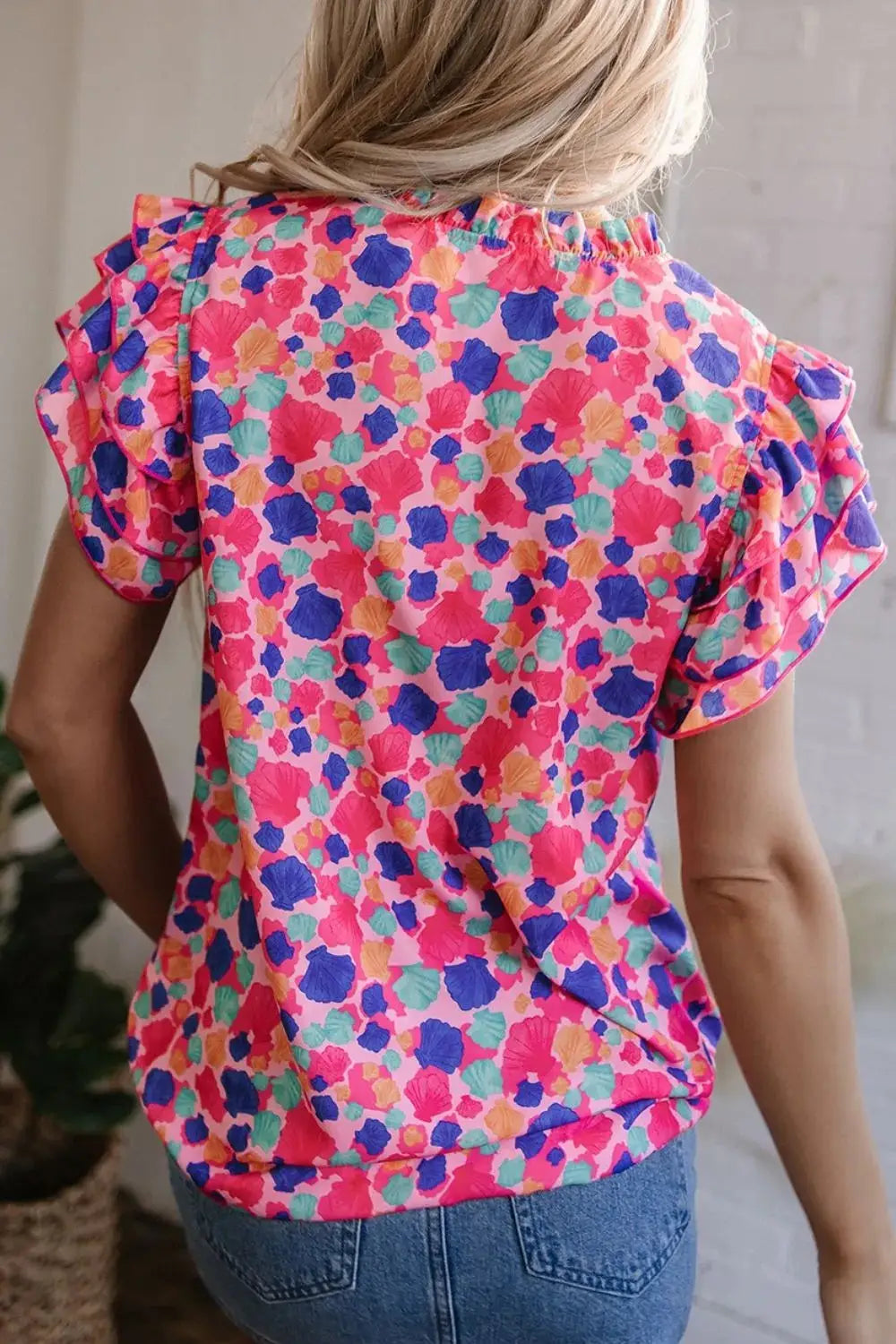 Abstract Print Ruffled Sleeve Notched Blouse - Clothes For Her Online Store