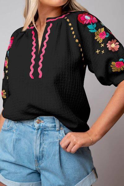 Floral Embroidered Notched Puff Sleeve Blouse