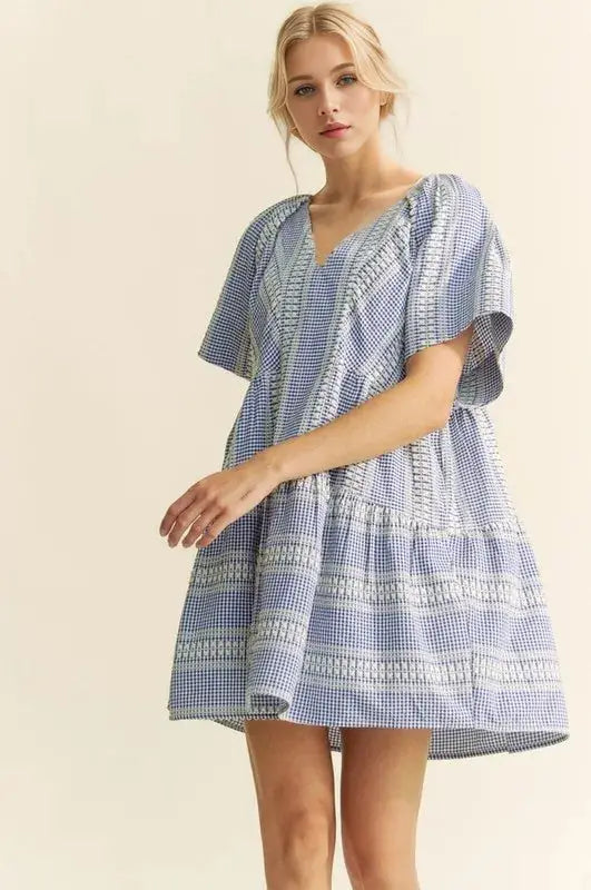 Davi & Dani Embroidered Stripe Ruffled Gingham Mini Dress - Clothes For Her Online Store