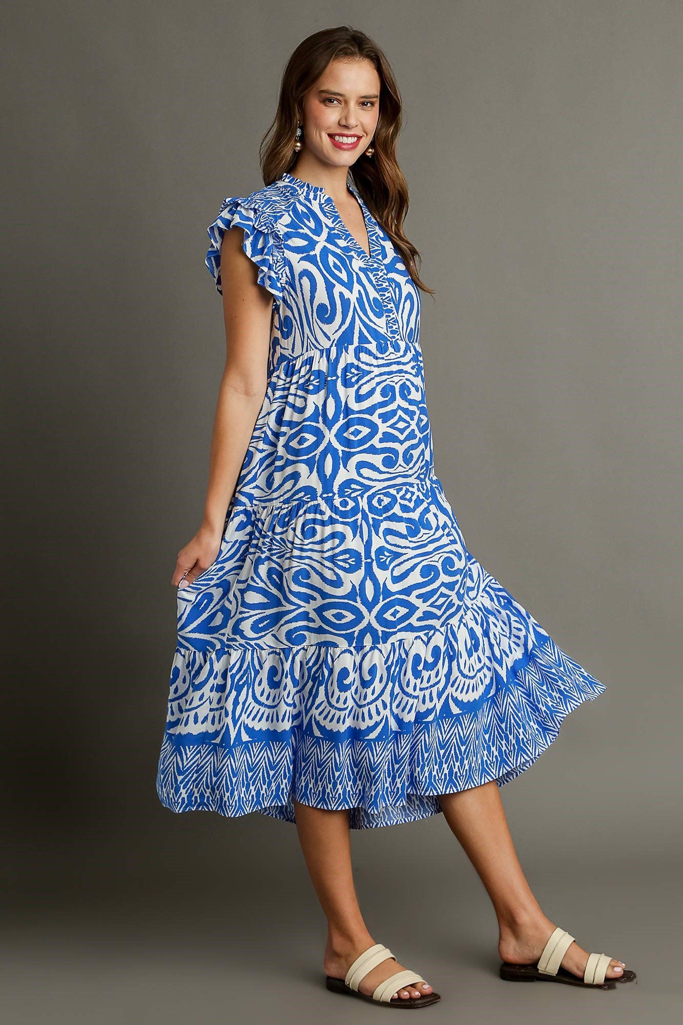Umgee Full Size Two Tone Border Print Ruffle Cap Sleeve Midi Dress Plus Size - Clothes For Her Online Store
