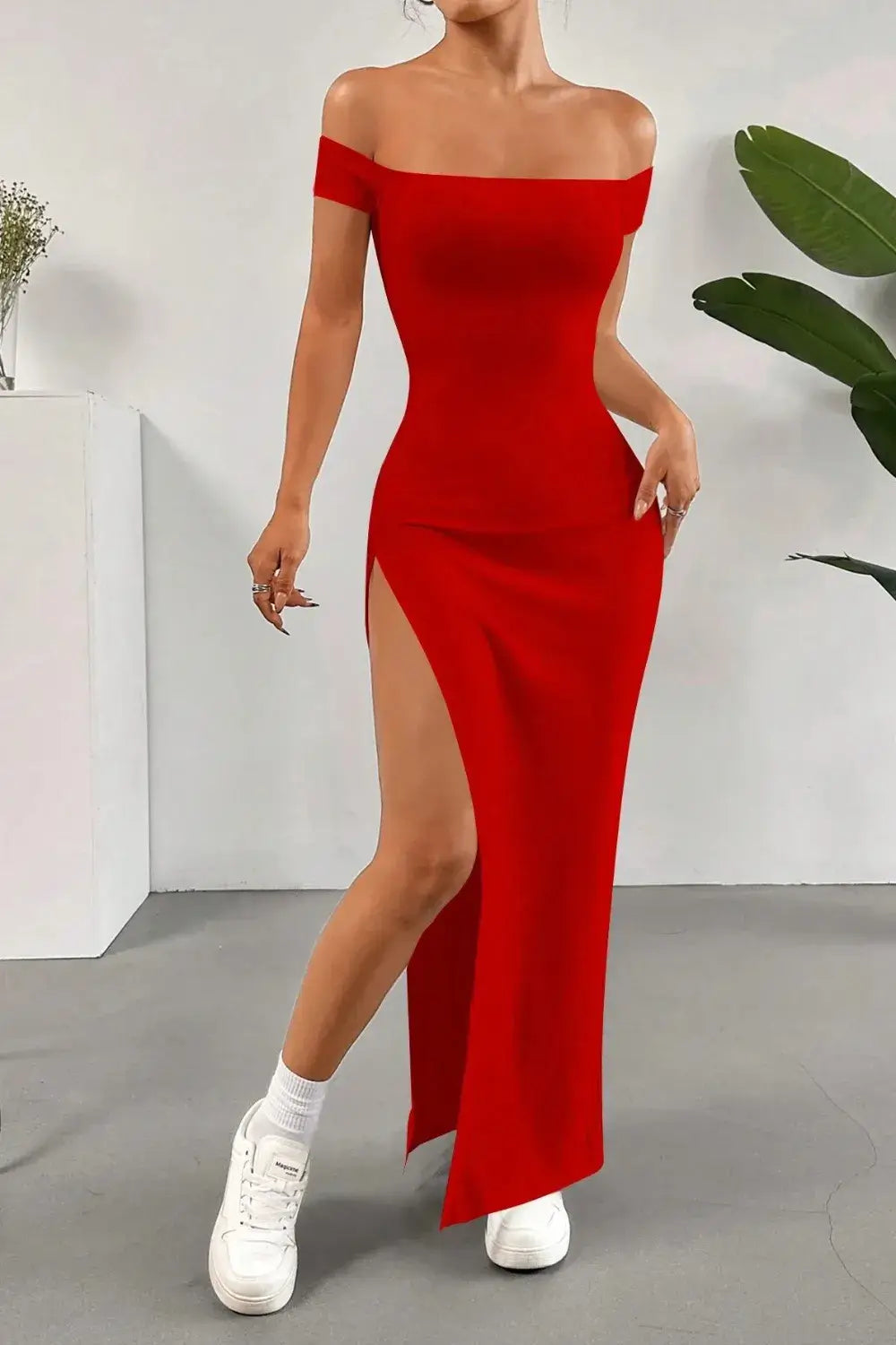 Off Shoulder Slit Maxi Dress