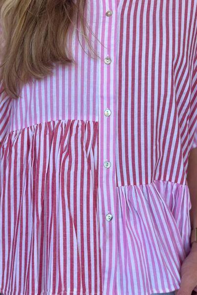 Button Down Striped Ruffled Hem Shirt