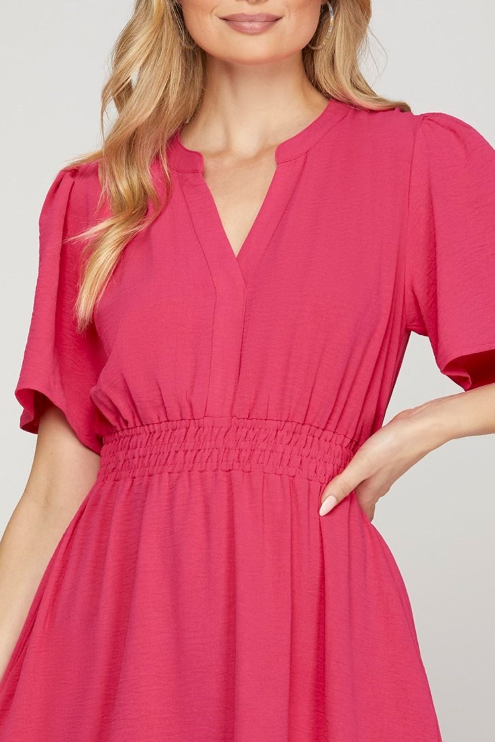 She + Sky Ruffled Hem Notched Flutter Sleeve Mini Dress - Clothes For Her Online Store