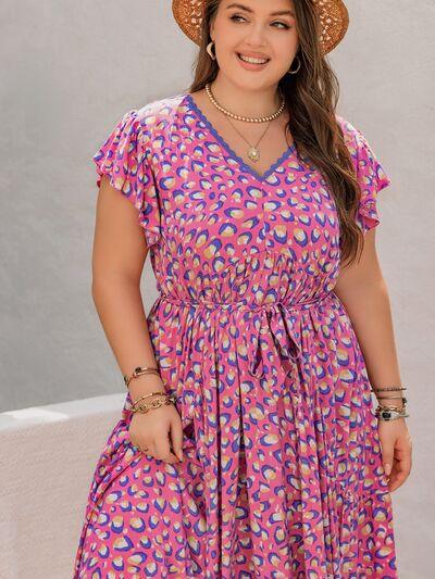 Plus Size Printed V-Neck Flutter Sleeve Tie Waist Maxi Dress