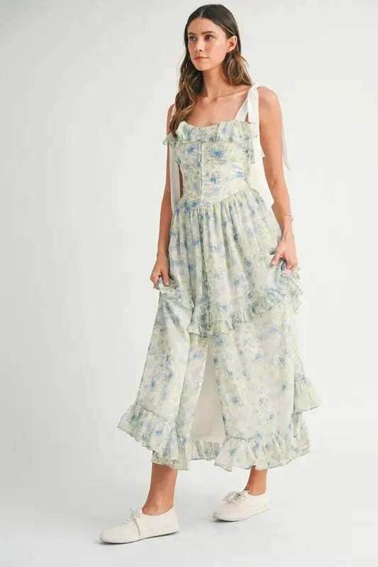 MABLE Floral Printed Shoulder Strap Midi Dress - Clothes For Her Online Store