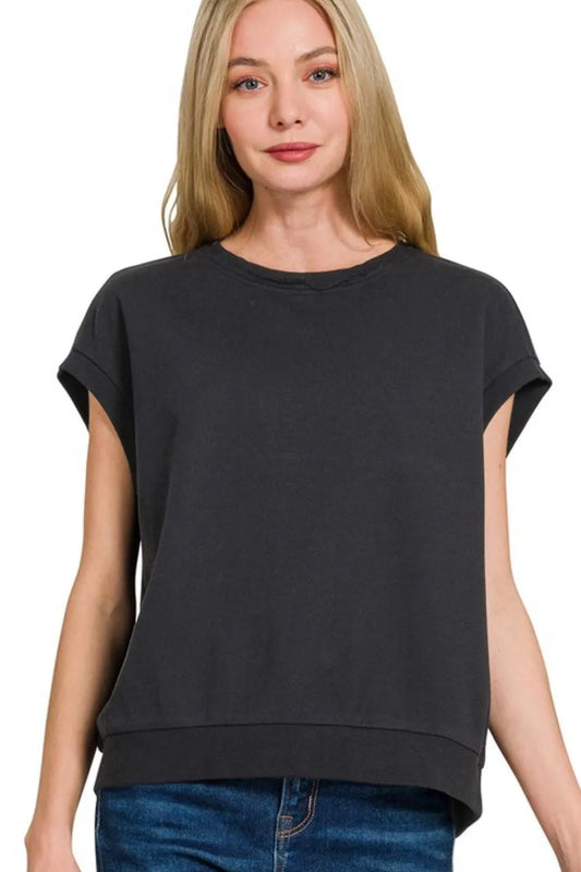 Zenana French Terry Round Neck Cap Sleeve T-Shirt